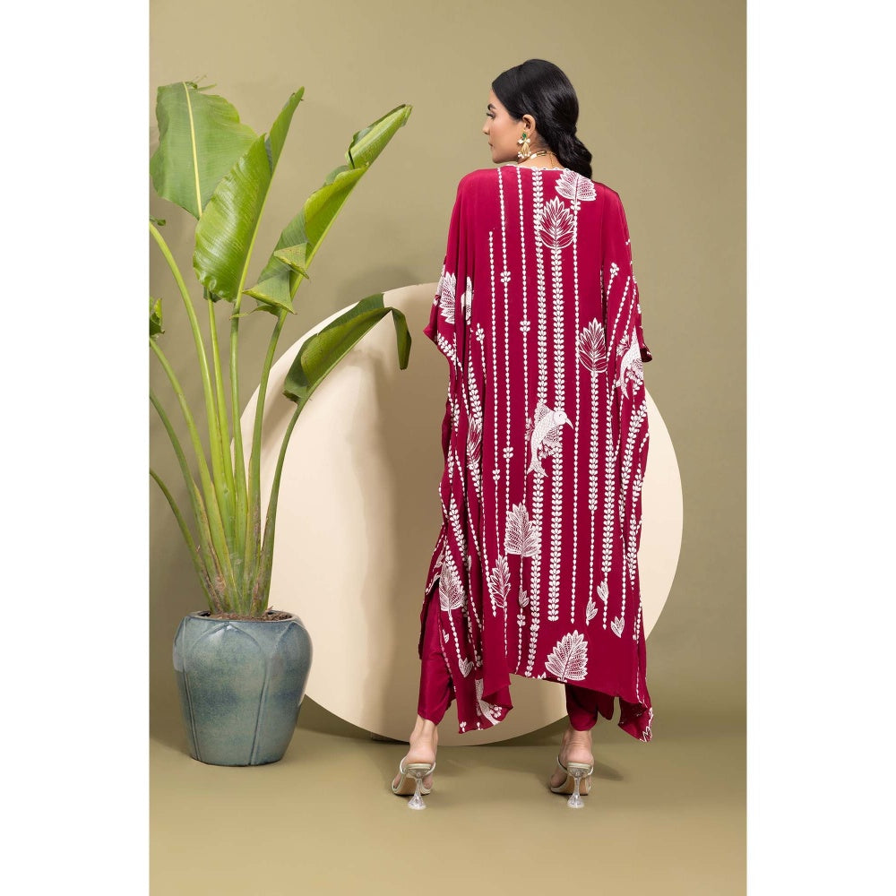 EK Soot Wine Printed Embroidered Kaftan and Dhoti (Set of 2)