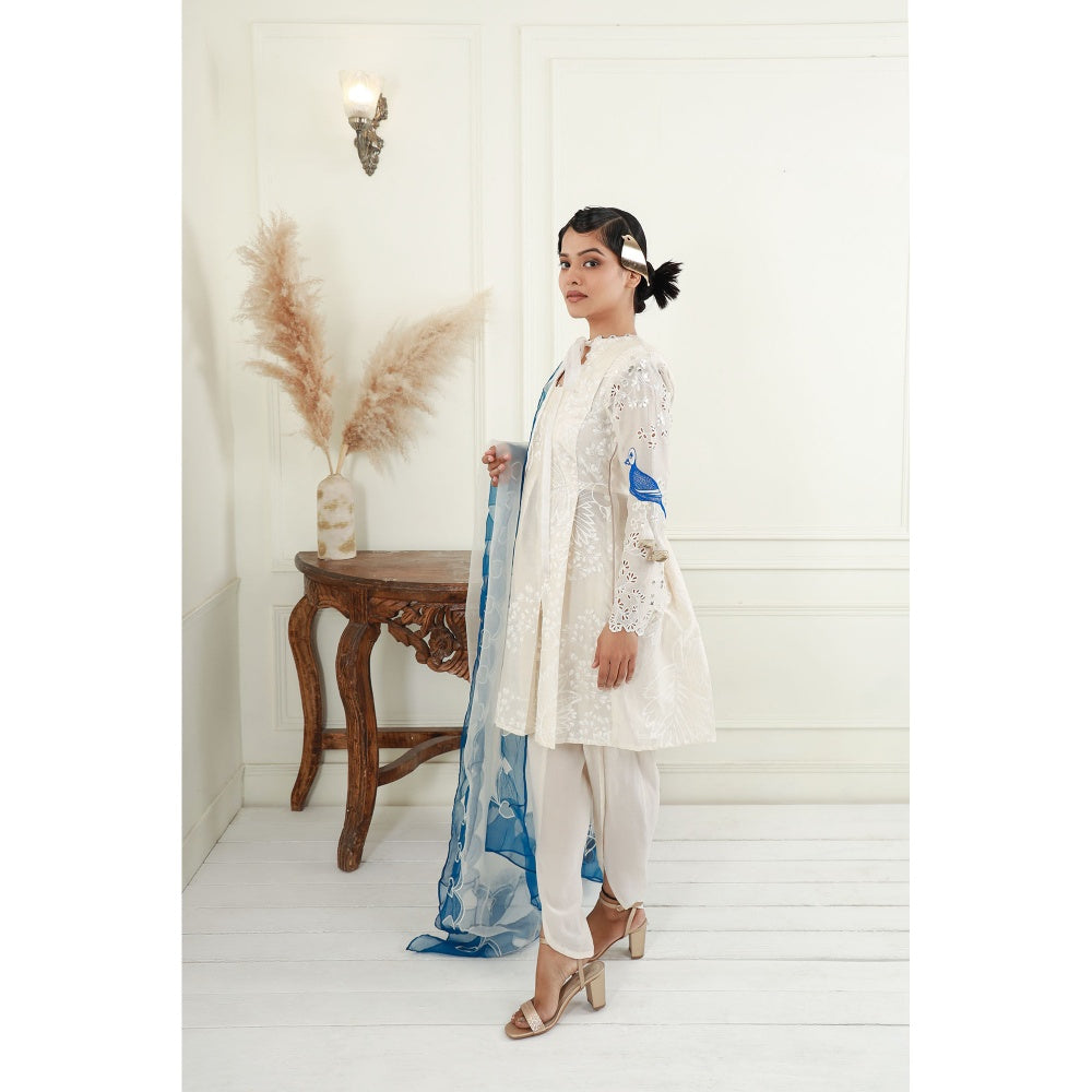 EK Soot White Printed Chanderi Kurta with Dhoti and Embroidered Dupatta (Set of 3)