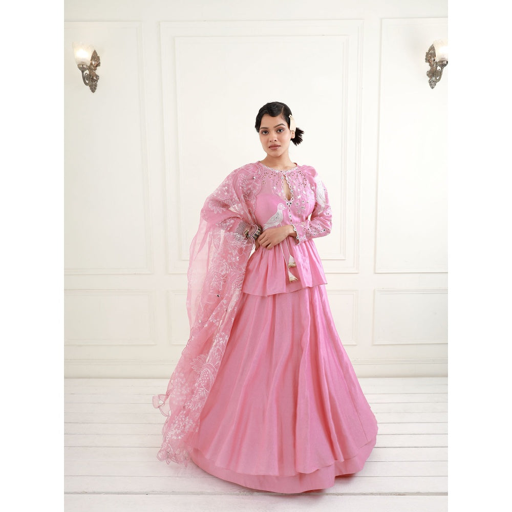 EK Soot Rose Pink Chanderi Peplum Top with Skirt and Dupatta (Set of 3)