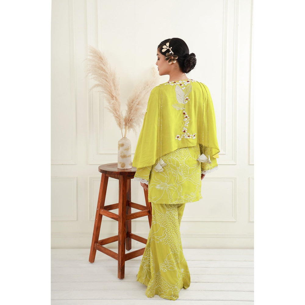 EK Soot Yellow Crepe Embroidered Short Kurta and Flared Pant (Set of 2)