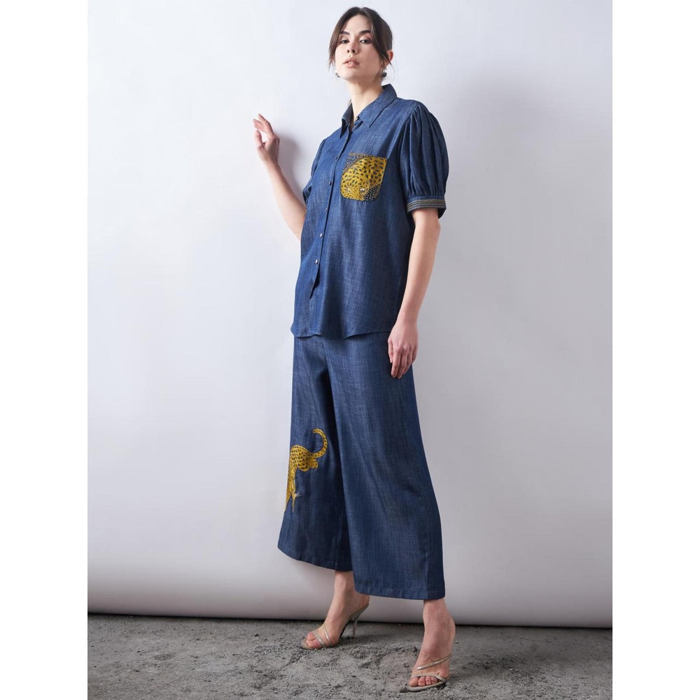 Elarra Blue Embroidered Dark D Panther Co-Ord (Set of 2)