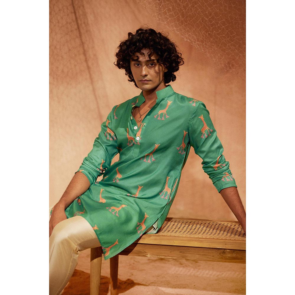 Eleven Brothers Green Rolling Giraffe Silk Kurta