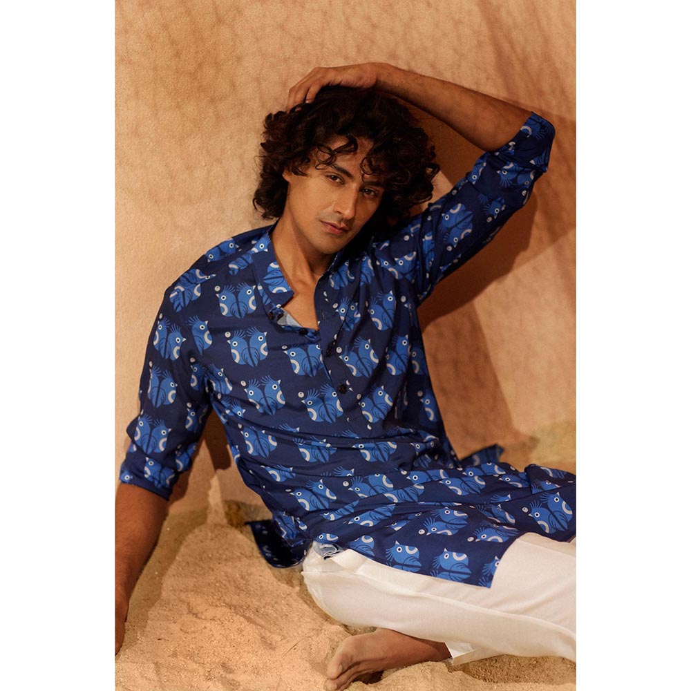 Eleven Brothers Blue Sea Birds Silk Kurta
