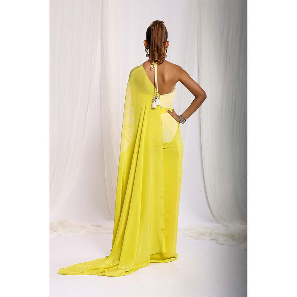 Ellemora Yellow Tie Dye Pre-Draped Saree with Stitched Blouse
