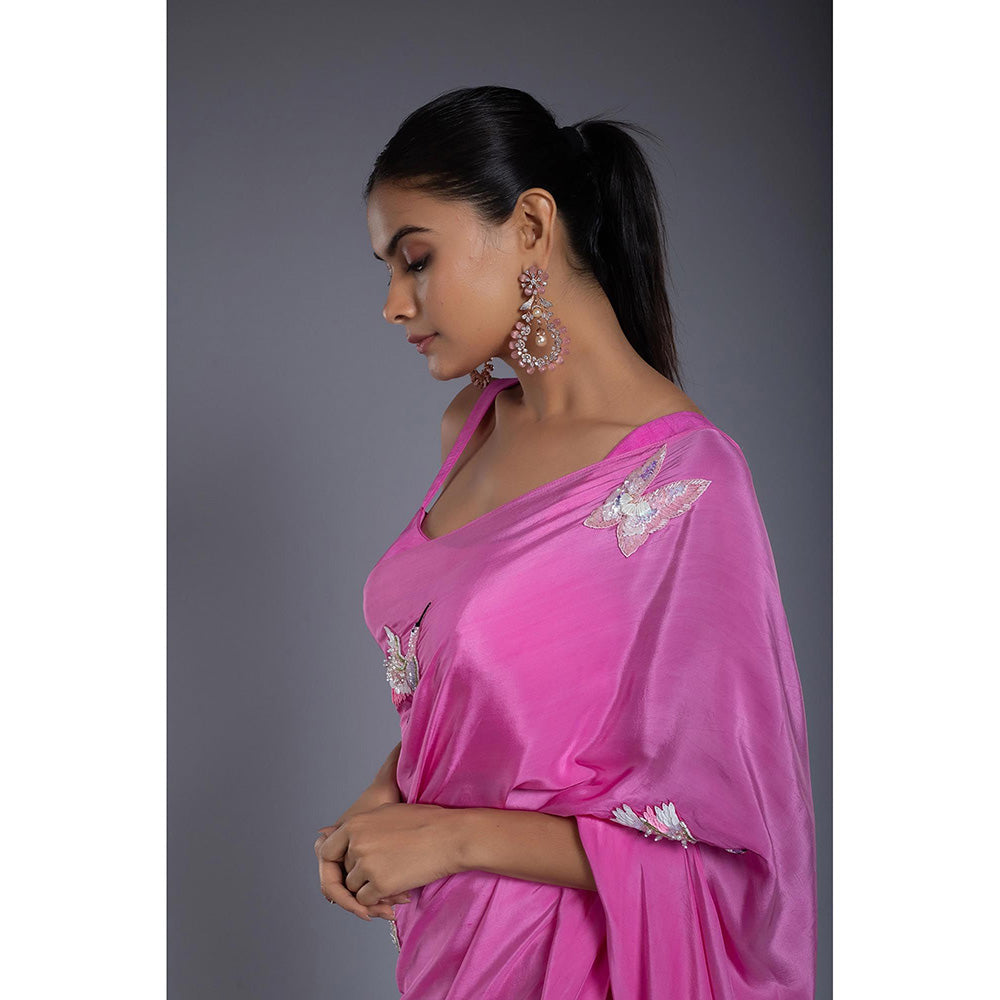 Ellemora Pink Flounce Pre Drape Saree with Stitched Blouse