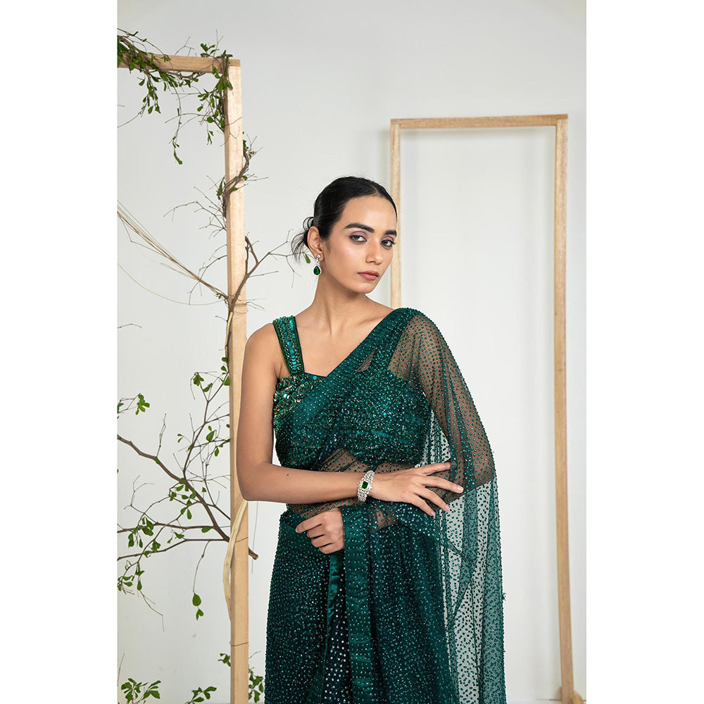Ellemora Emerald Mist Pre Drape Saree with Stitched Blouse