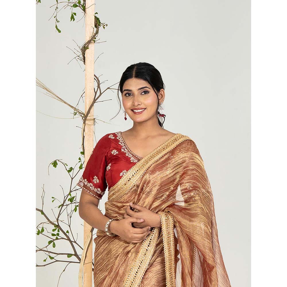 Ellemora Copper Gold Lace Work Saree with Stitched Blouse