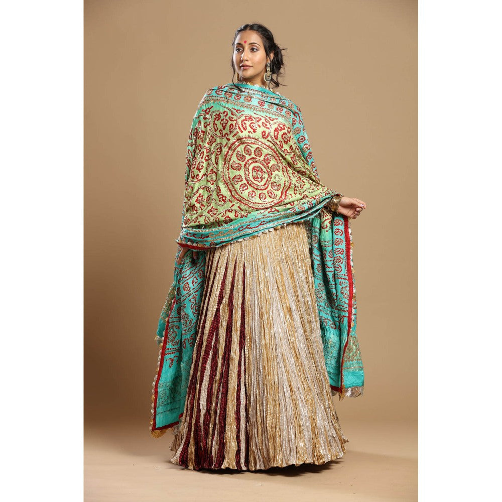 Etasha by Asha Jain Beige Dupatta with Textured Lehenga and Blouse (Set of 3)