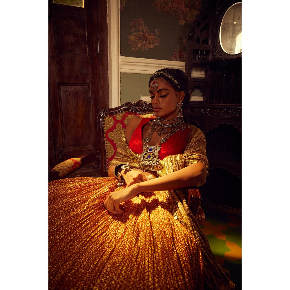 Etasha by Asha Jain Gold Flock Lehenga with Blouse and Dupatta (Set of 3)