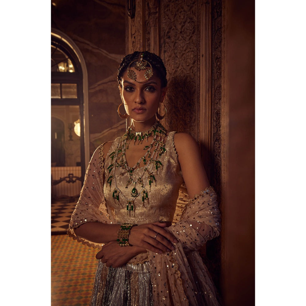 Etasha by Asha Jain Silver Lehenga with Blouse and Embellished Dupatta (Set of 3)