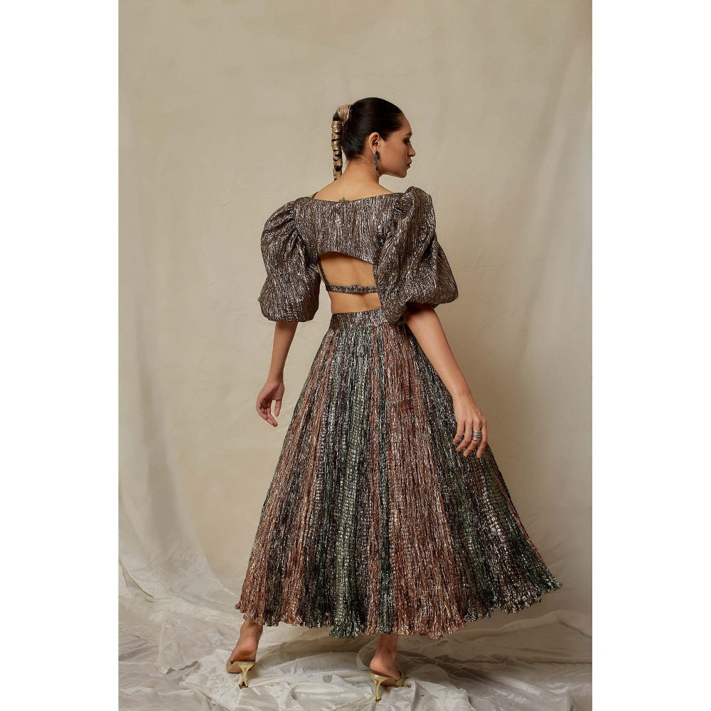 Etasha by Asha Jain Brown Gunmetal Metallic Tissue Jacket with Bustier and Lehenga (Set of 3)