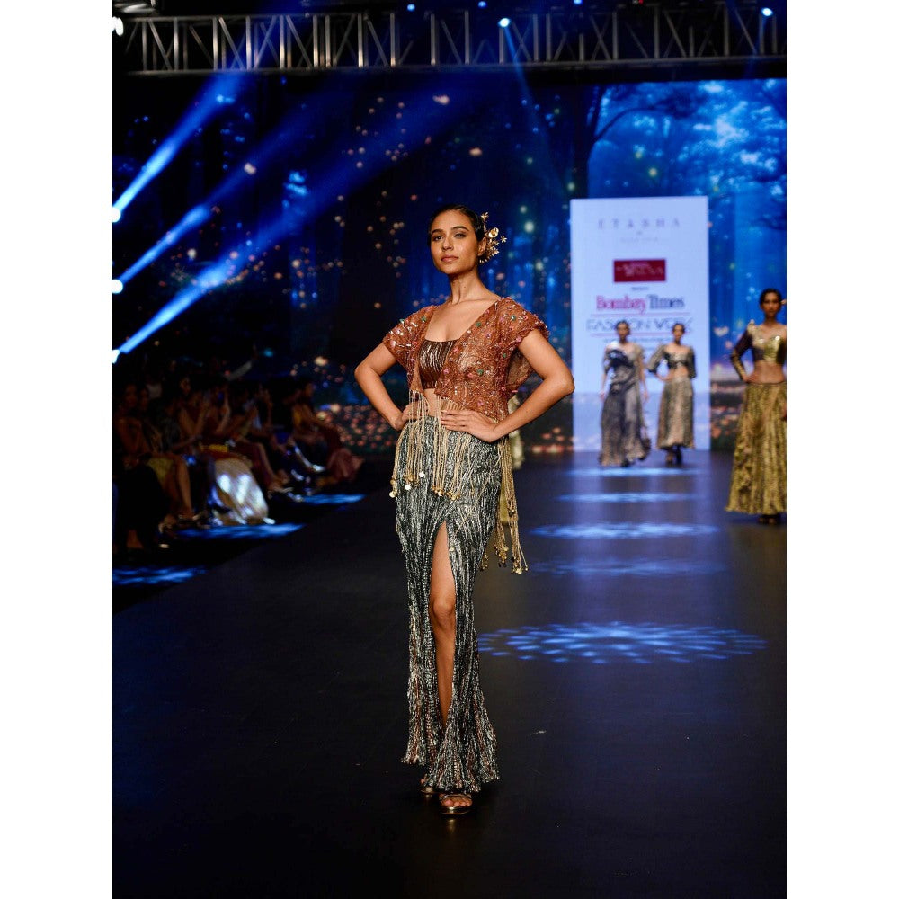 Etasha by Asha Jain Bottle Green Jacket with Skirt and Bustier (Set of 3)