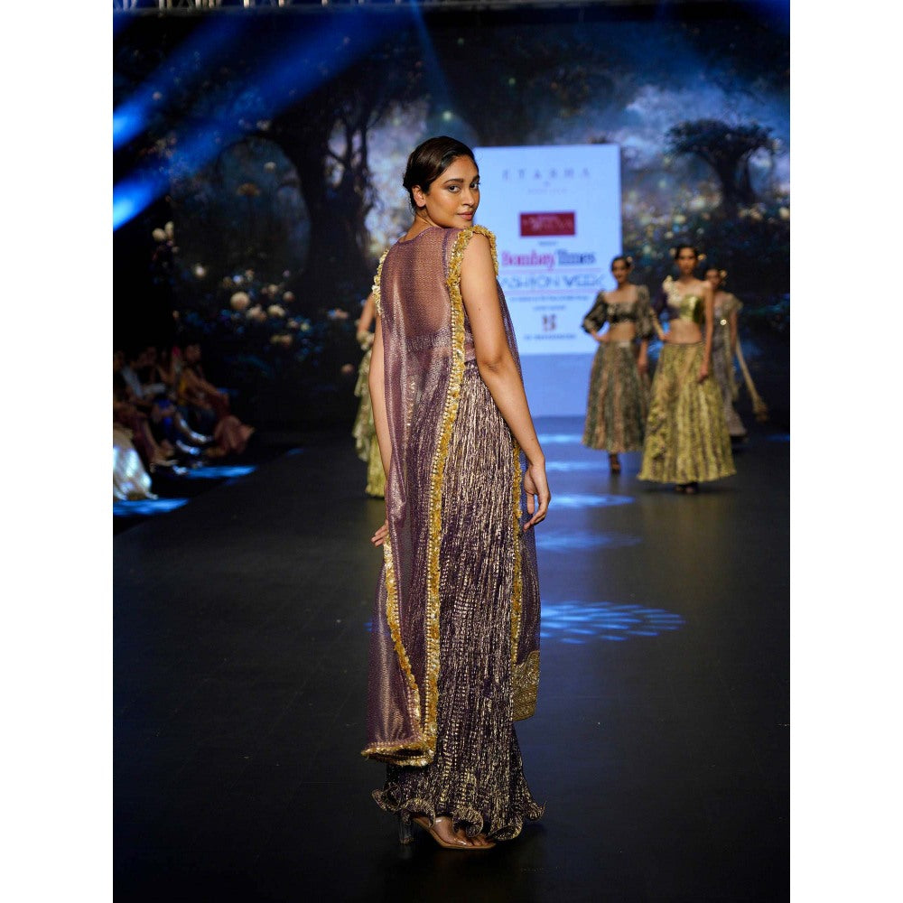 Etasha by Asha Jain Purple Mesh Palazzo with Bustier and Cape (Set of 3)