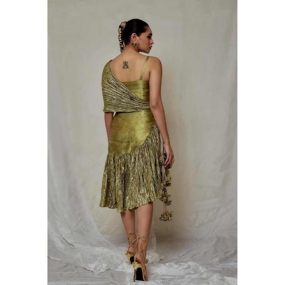 Etasha by Asha Jain Lime Green Dress with Drape (Set of 2)
