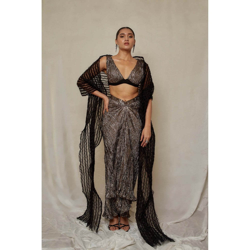 Etasha by Asha Jain Brown Drape Skirt with Bustier and Dupatta (Set of 3)
