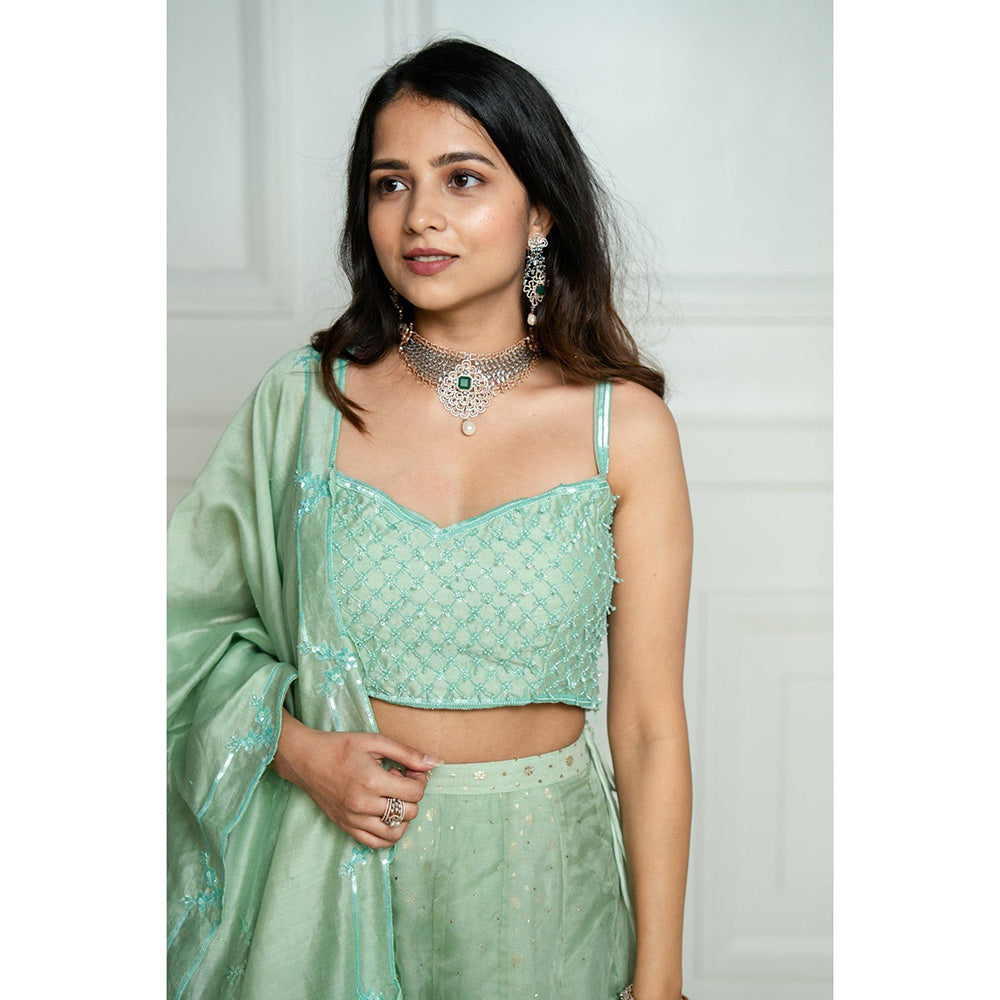 ewaz Chanderi Layer Mukaish Lehenga (Green)