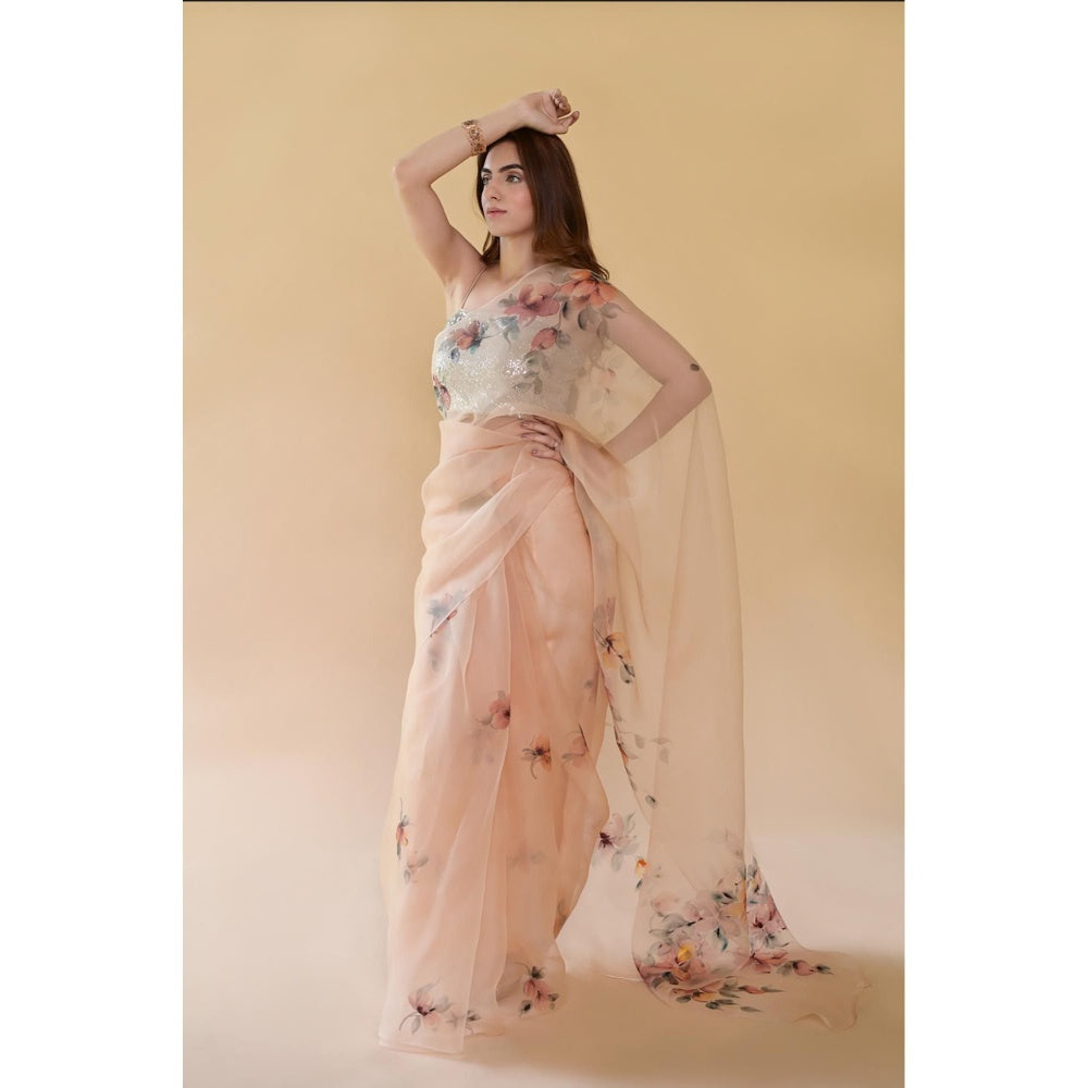 Fallon Studio by Shruti Kaushik Beige Floral Padmini Saree with Unstitched Blouse