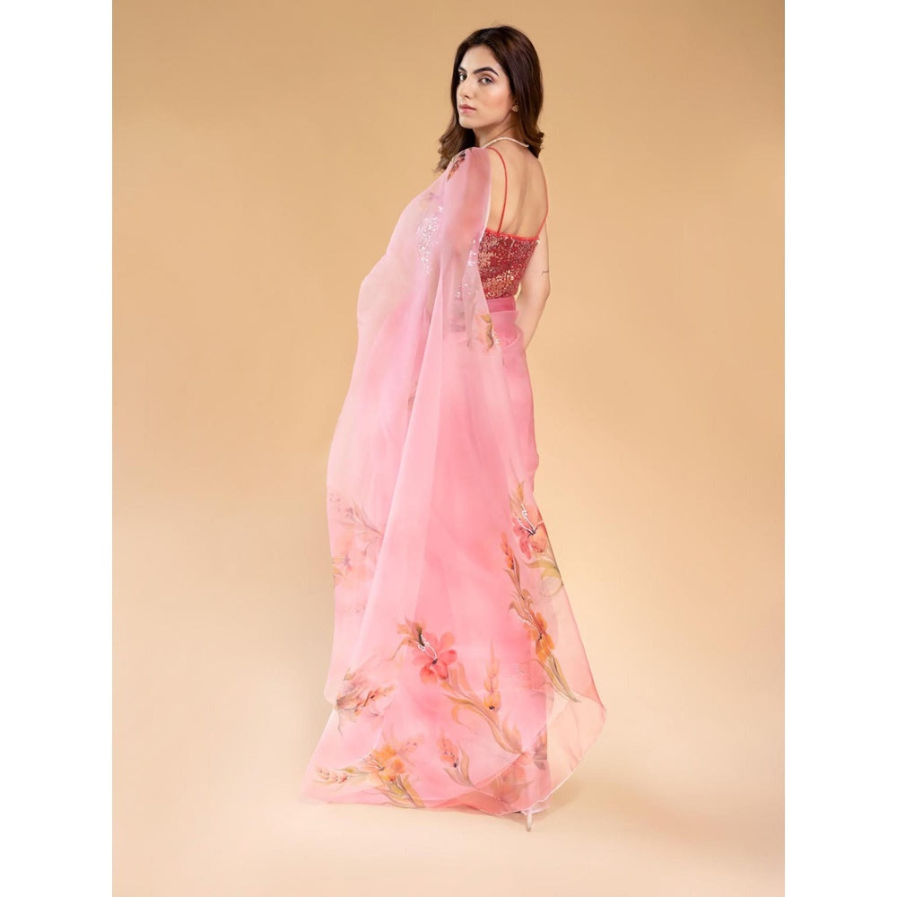 Fallon Studio by Shruti Kaushik Pink Floral Razia Saree with Unstitched Blouse