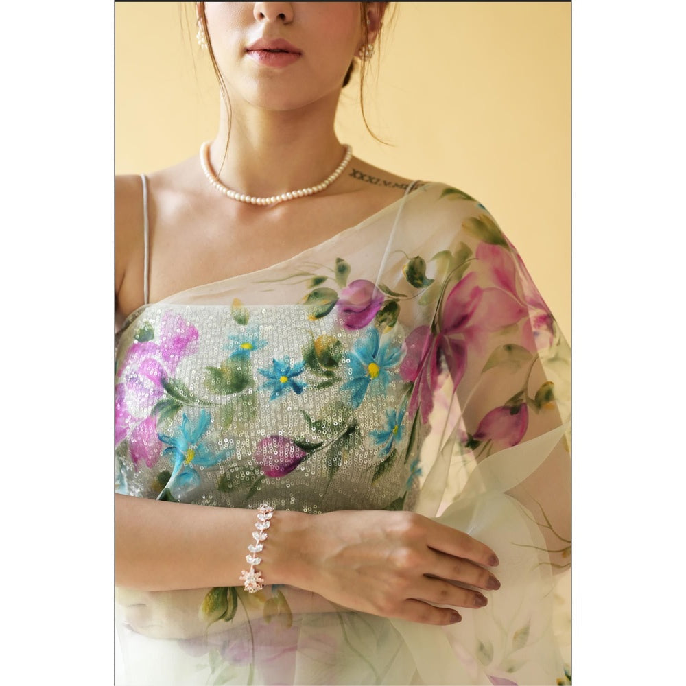Fallon Studio by Shruti Kaushik Off White Floral Zaina Saree with Unstitched Blouse