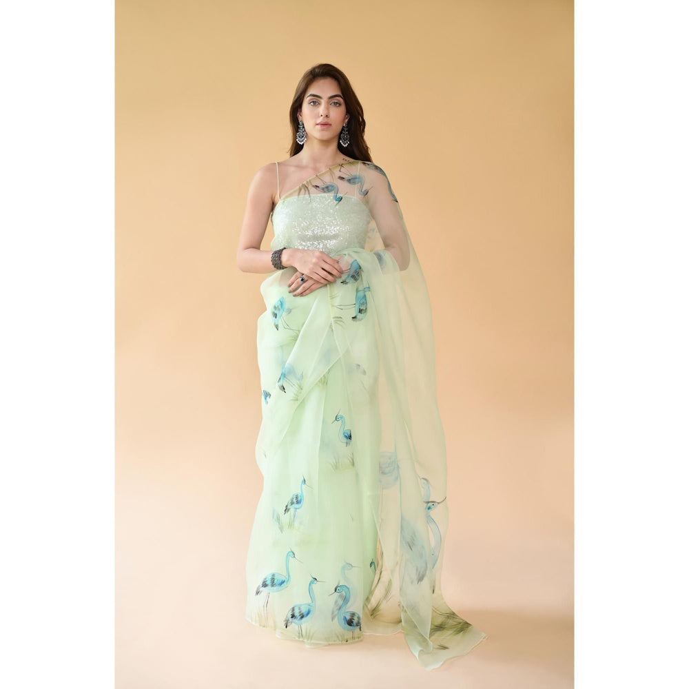 Fallon Studio by Shruti Kaushik Green Floral Esra Saree with Unstitched Blouse