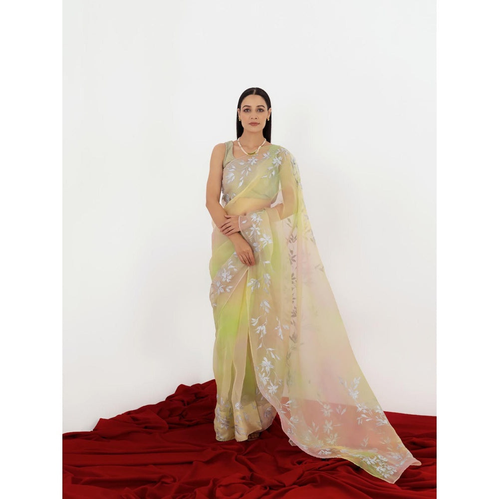 Fallon Studio by Shruti Kaushik Green Floral Pakhi Saree with Unstitched Blouse
