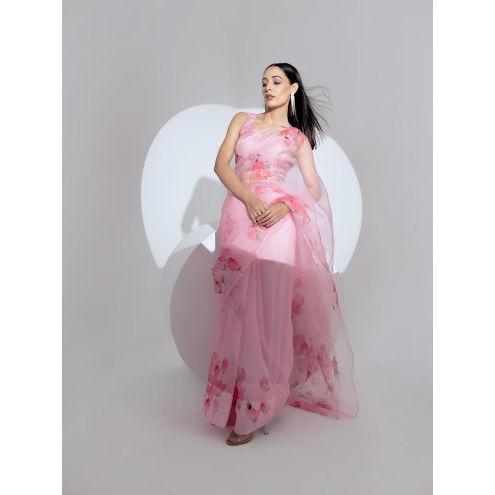 Fallon Studio by Shruti Kaushik Pink Floral Bodhi Saree with Unstitched Blouse