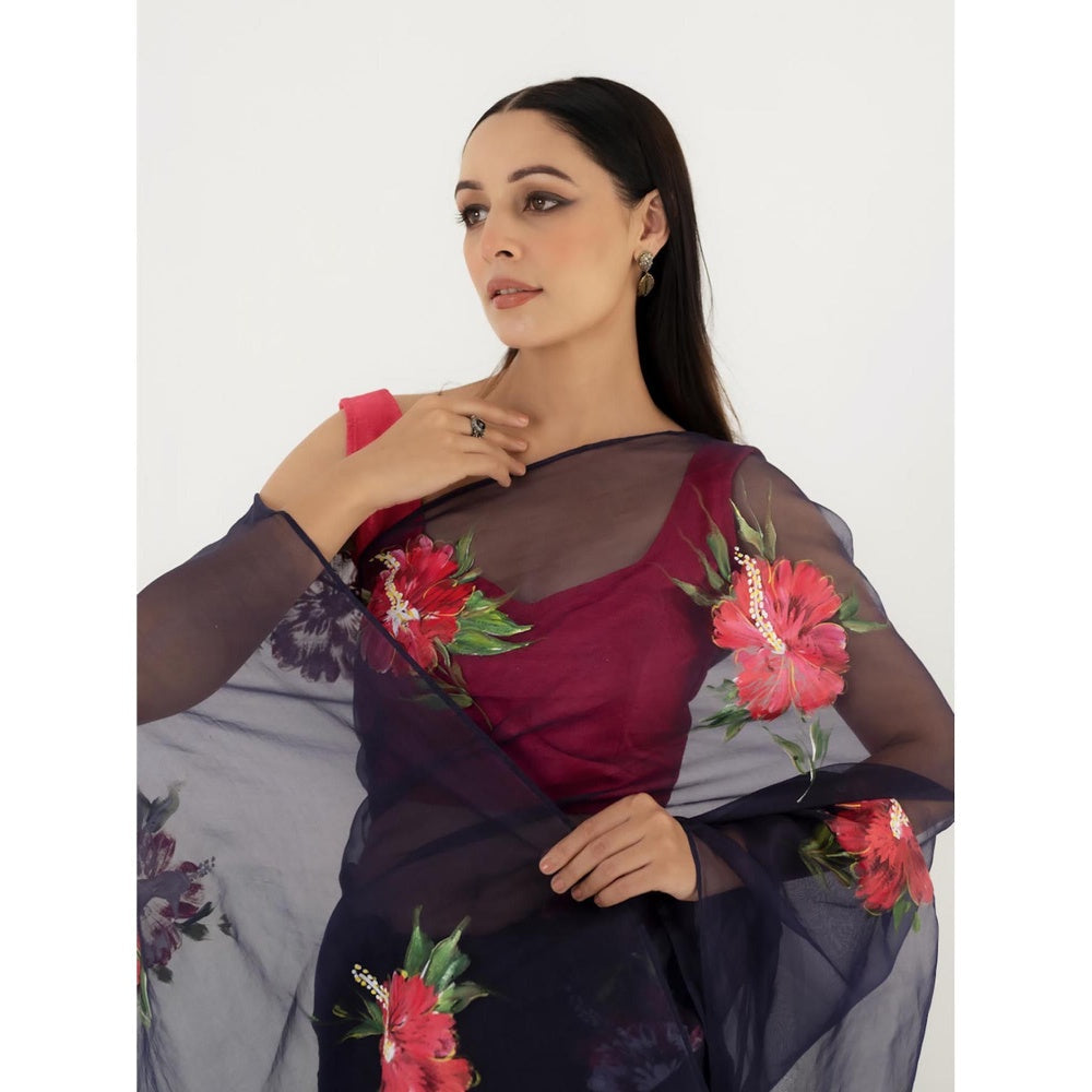 Fallon Studio by Shruti Kaushik Navy Blue Floral Dhuni Saree with Unstitched Blouse