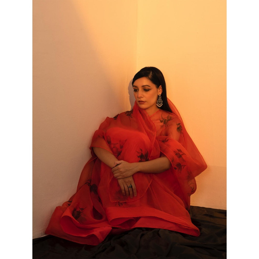 Fallon Studio by Shruti Kaushik Orange Floral Lavanya Saree with Unstitched Blouse