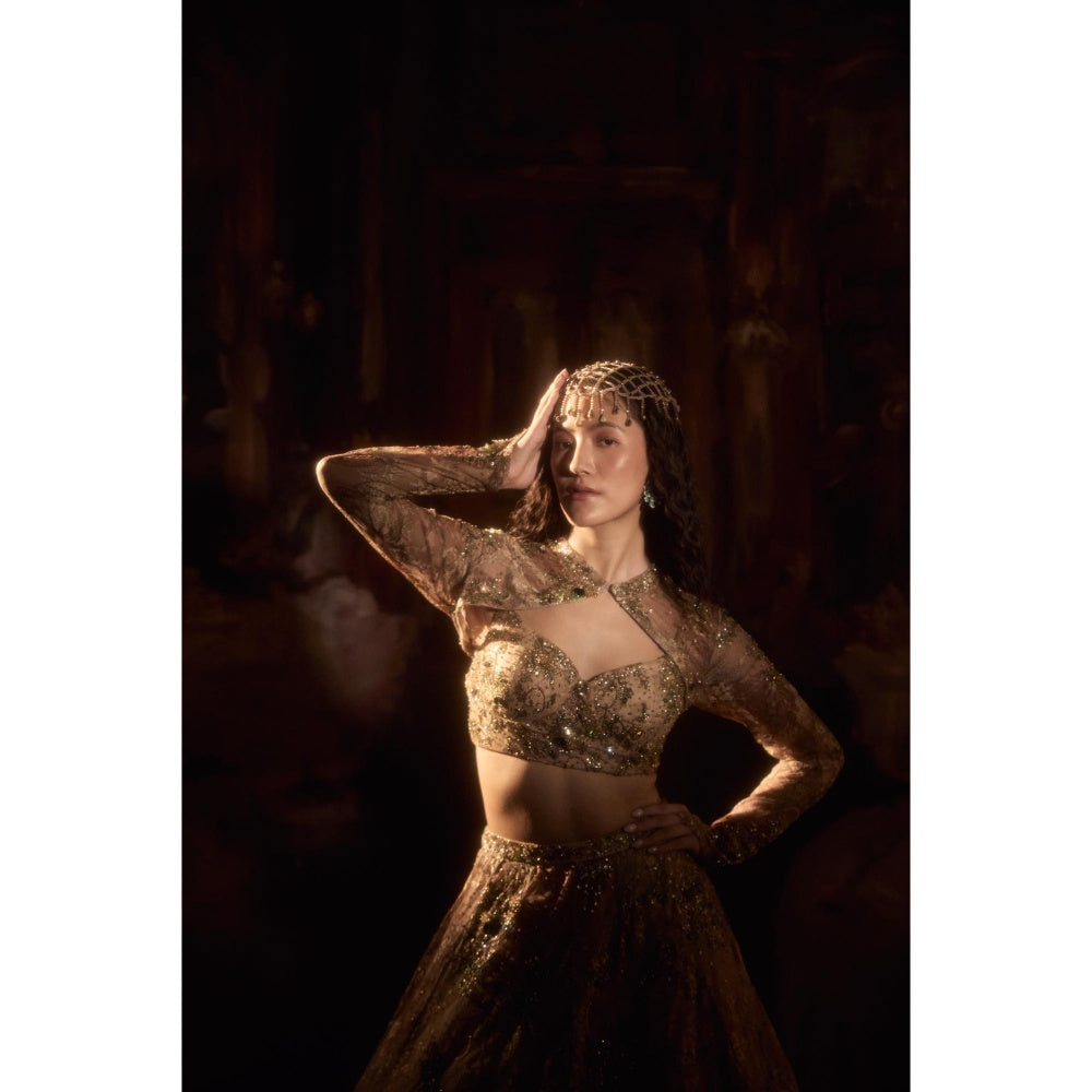 FALSA Diana Golden Blouse with Cape & Lehenga