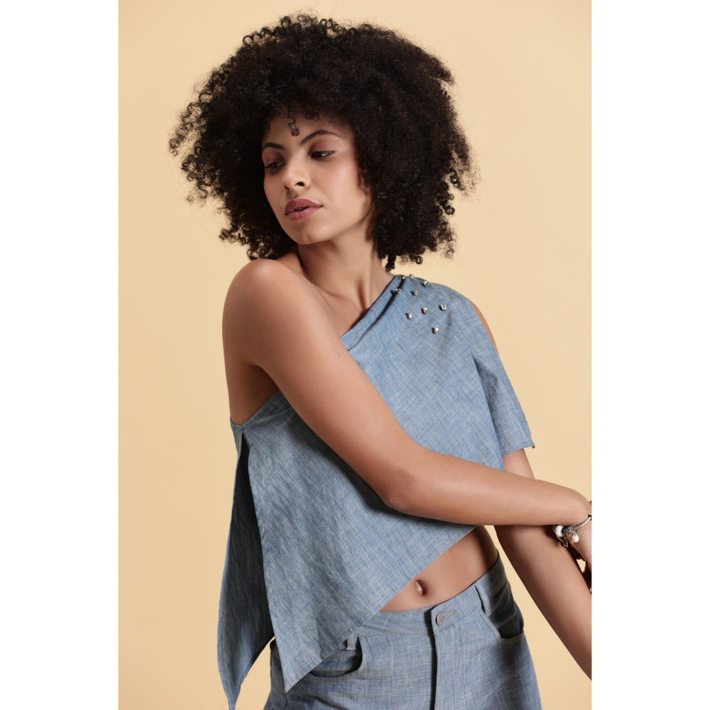 Fawn 24 Blue Skyline One Shoulder Crop Top