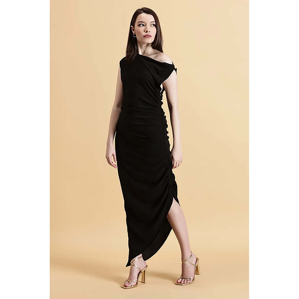 Fawn 24 Black Crepe Asymmetrical Solid/Plain Sleeveless Midi Dress