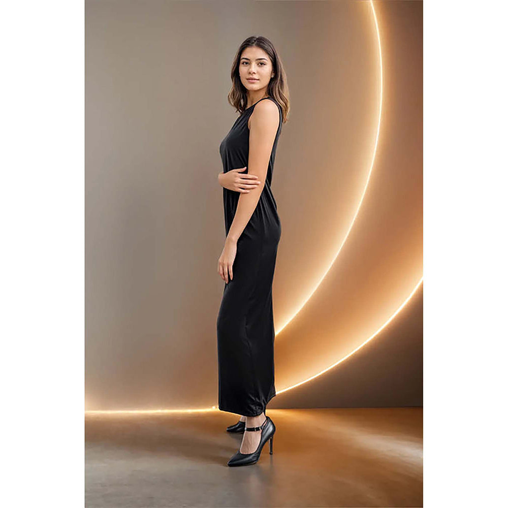 Fawn 24 Black Polyester Round Neck Solid/Plain Sleeveless Maxi Dress