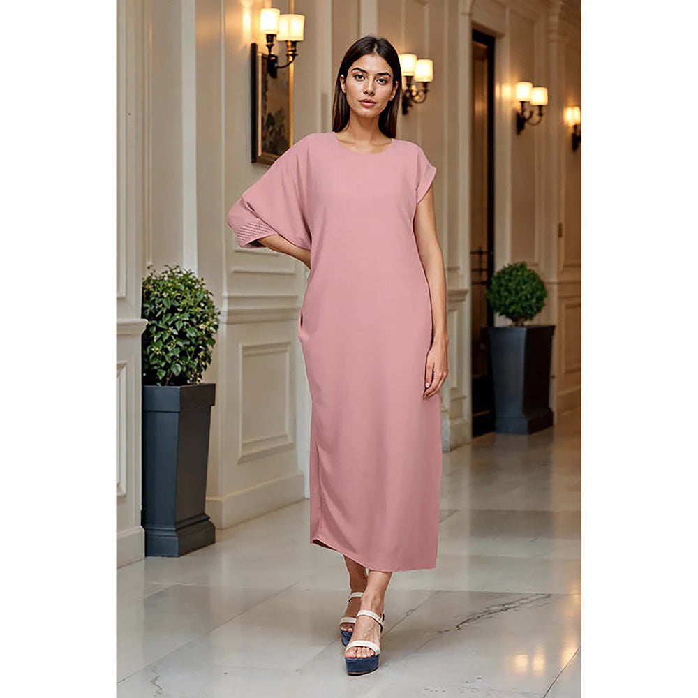 Fawn 24 Pink Crepe Round Neck Solid/Plain Three Fourth Sleeves Midi Dress