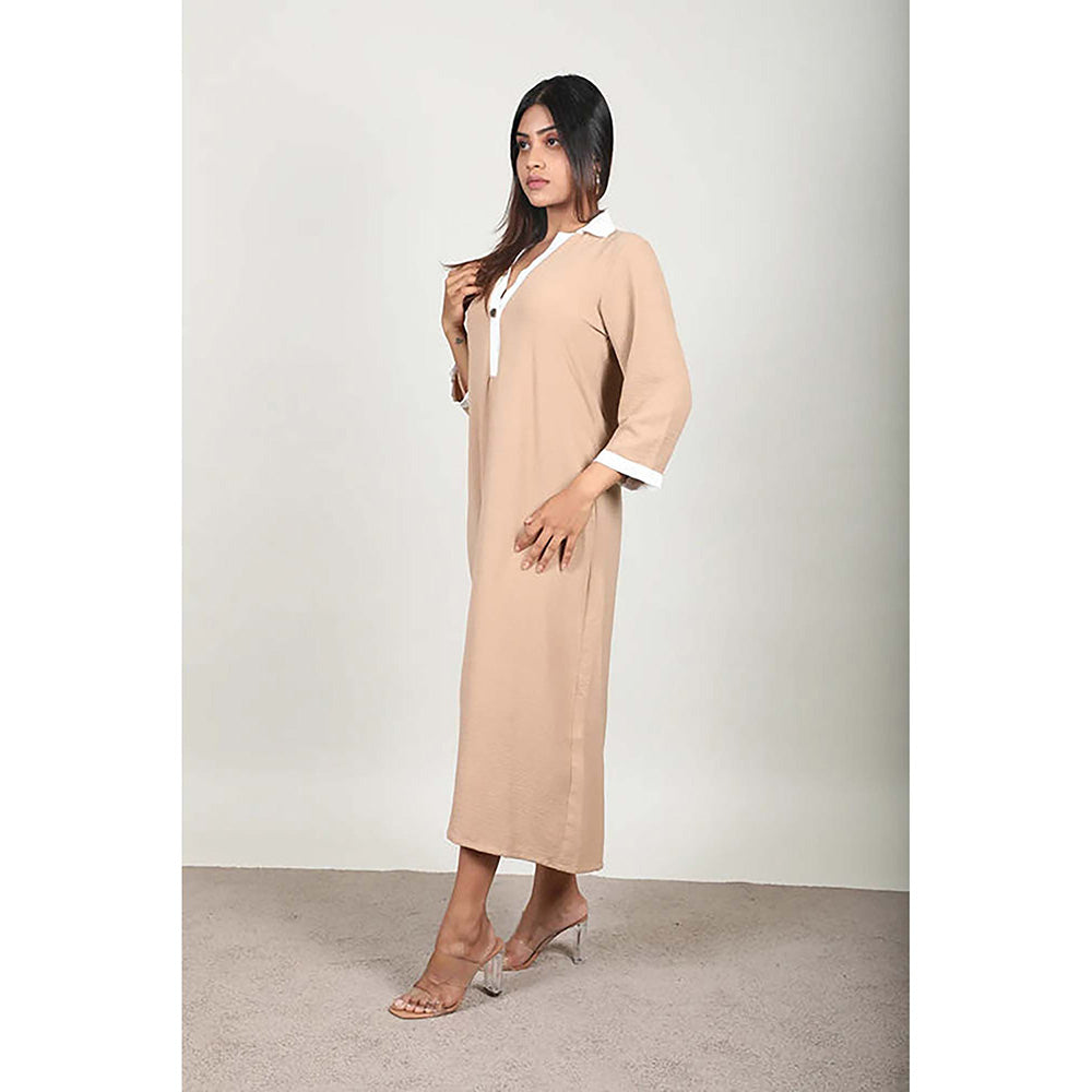 Fawn 24 Beige Crepe Collar Neck Solid/Plain Three Fourth Sleeves Midi Dress