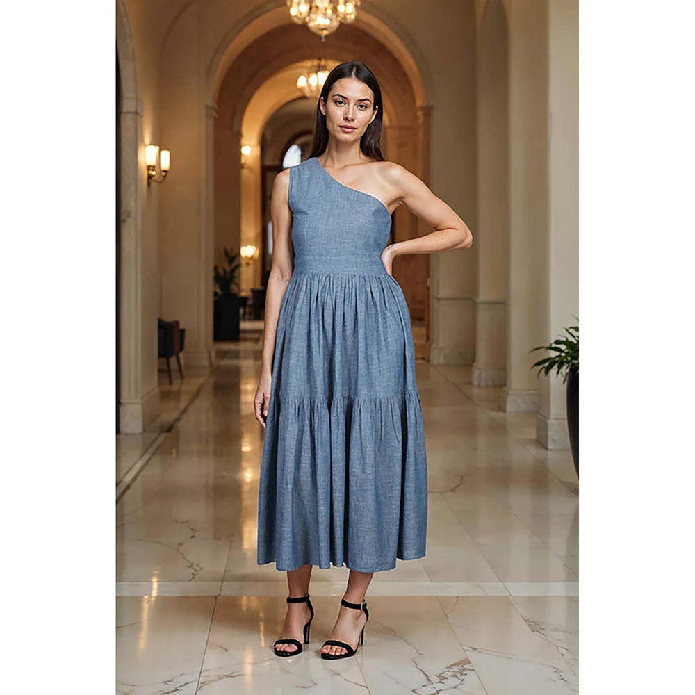Fawn 24 Blue Denim Asymmetrical Solid/Plain Sleeveless Midi Dress