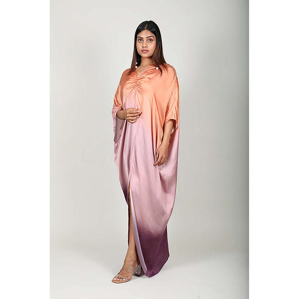 Fawn 24 Multi-Color Satin V-Neck Ombre Three Fourth Sleeves Maxi Dress