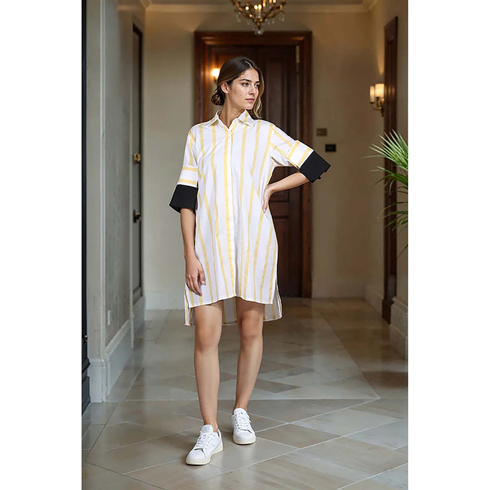 Fawn 24 White Cotton Collar Neck Stripes Full Sleeves Mini Dress