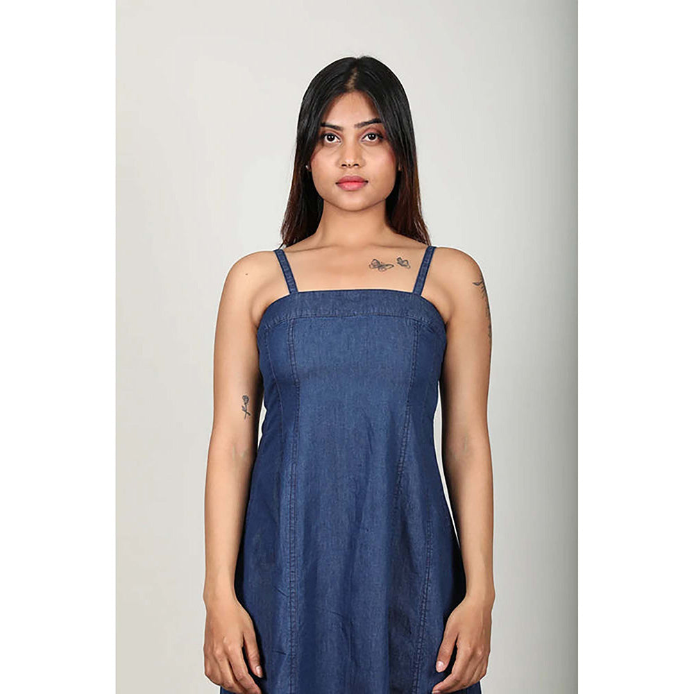 Fawn 24 Navy Blue Cotton Square Neck Solid/Plain Sleeveless Midi Dress