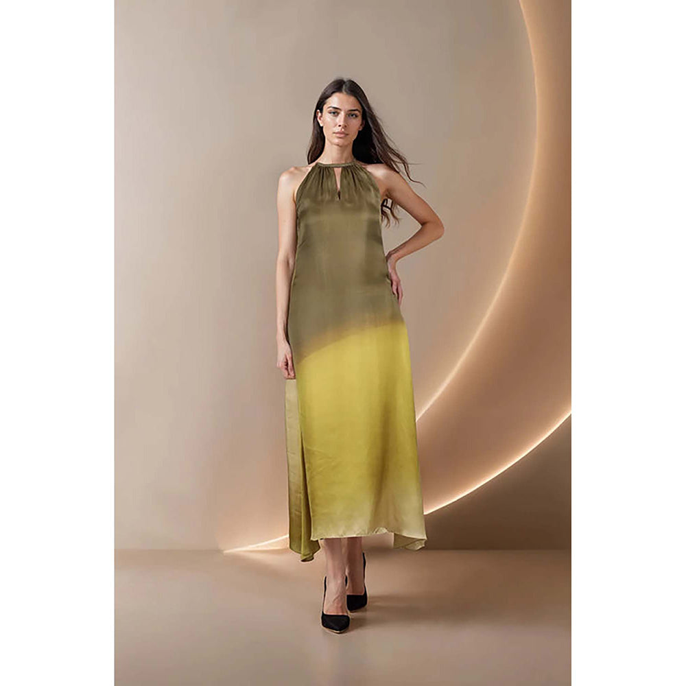 Fawn 24 Olive Satin High Neck Ombre Sleeveless Maxi Dress