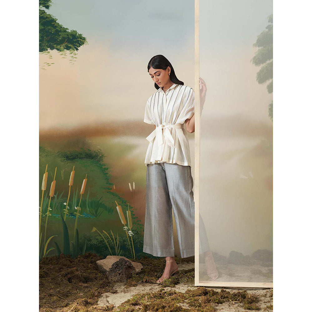 FEBo6 Ivory Pleated Shirt with Pant & Belt (Set of 3)