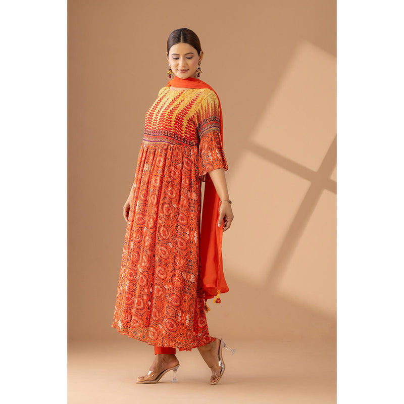 Finethreads by Hina & Nikhat Sunset Grace Orange Anarkali and Pant and Dupatta (Set of 3)