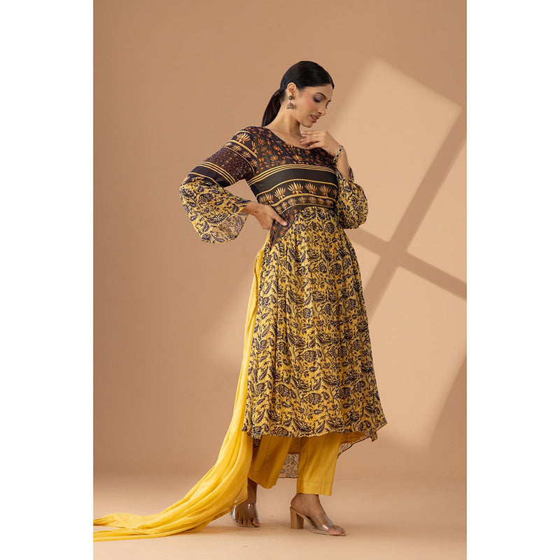Finethreads by Hina & Nikhat Golden Hour Mustard Anarkali and Pant with Dupatta (Set of 3)