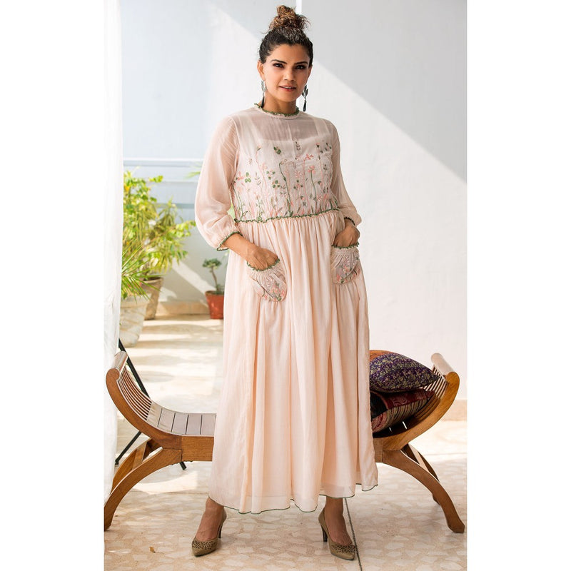 Finethreads by Hina & Nikhat Nude Witch Hazel Dress with Slip (Set of 2)