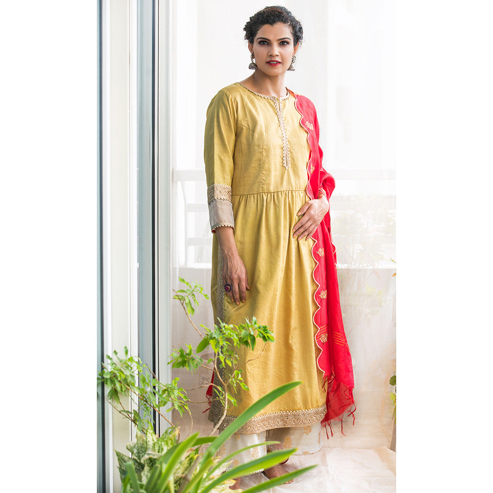 Finethreads by Hina & Nikhat Womens Embroidered Mustard Kurta with Palazzo and Dupatta