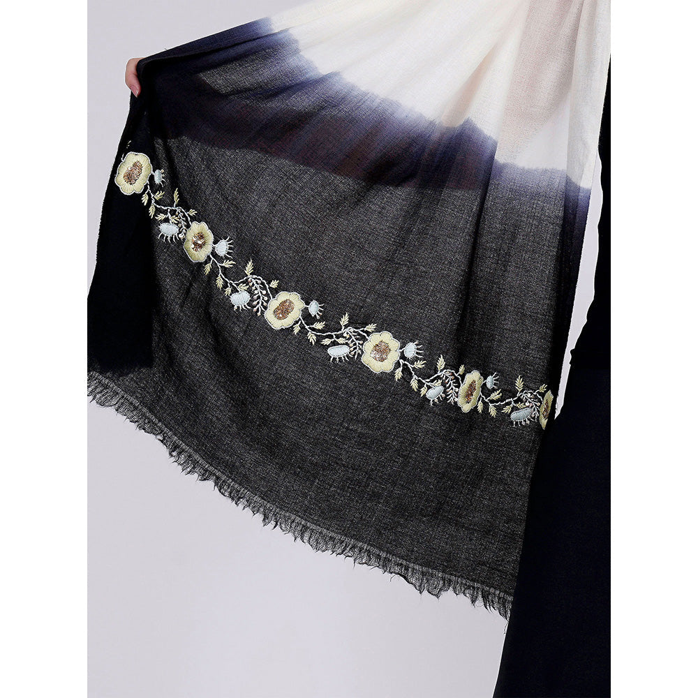 First Resort by Ramola Bachchan White And Navy Blue Hand Embroidered Colour Block Scarf