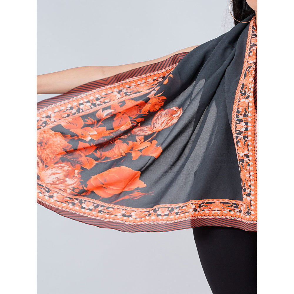 First Resort by Ramola Bachchan Black And Red Floral Stole