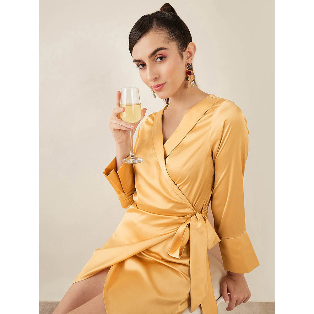 First Resort by Ramola Bachchan Gold Wrap Around Embellished Satin Short Dress