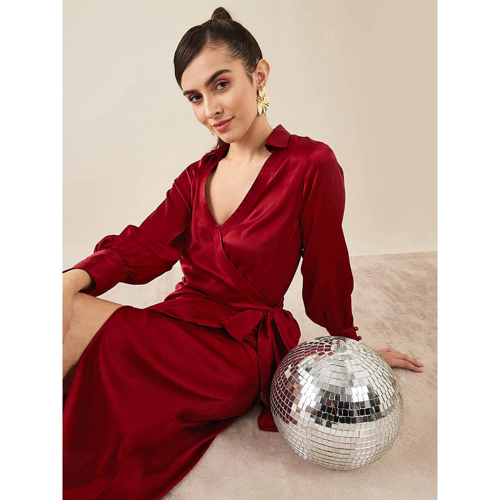 First Resort by Ramola Bachchan Maroon Wrap Around Embellished Satin Mid Length Dress