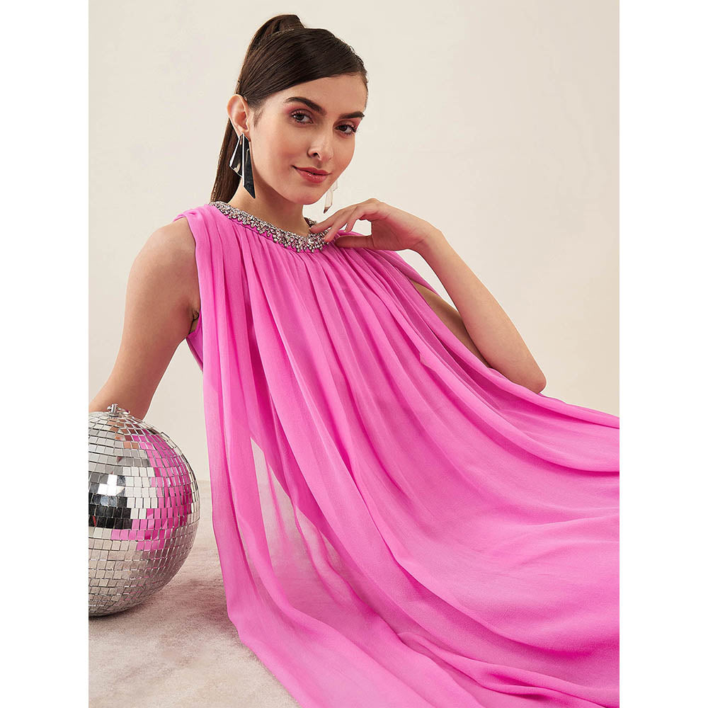 First Resort by Ramola Bachchan Pink Crystal Embroidered & Gathered Silk Full Length Dress