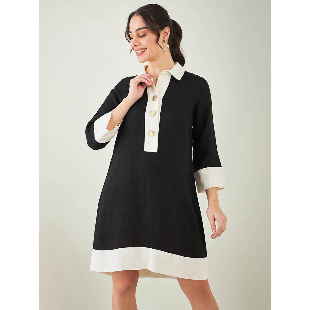 First Resort by Ramola Bachchan Black and Off-White Linen Dress